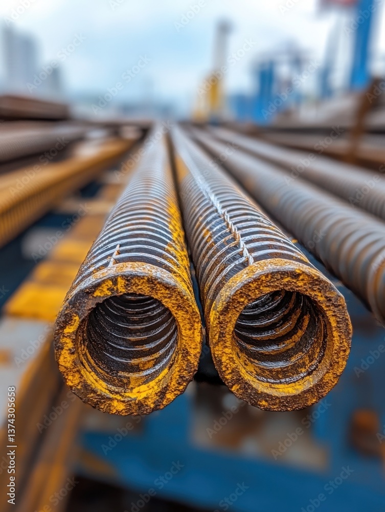Poster close up of rusty metal pipes with spiral grooves creating industrial texture and depth in construct