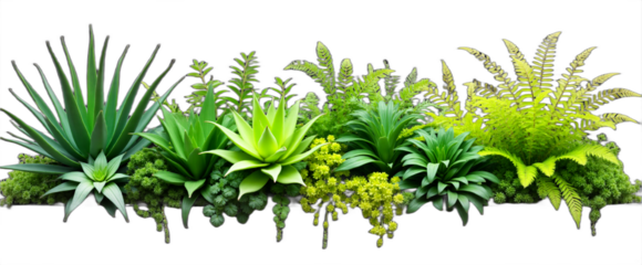 Diverse green plants isolated on white background. Botanical illustration style for eco-friendly designs, spring themes, nature-inspired art, or environmental projects.