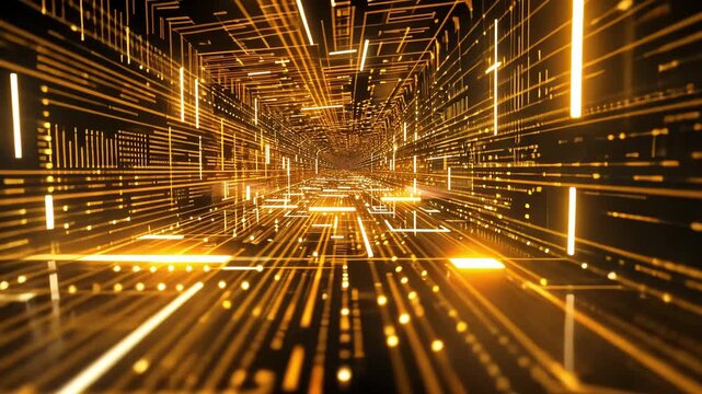 Abstract Digital Tunnel with Glowing Circuits and Light Trails