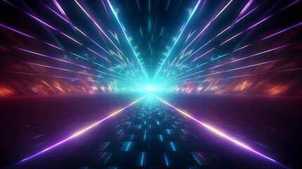 A vibrant neon pathway leading to a bright future, radiating energy and cosmic wonder with glowing lines and a futuristic grid.