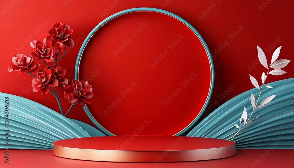 Aufkleber red product background stage 3d podium presentation display of luxury pedestal stand round showcase 