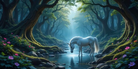  Secret Unicorn Glade Alluring Wallpaper Featuring a Unicorn Drinking from a Hidden Stream in an Enchanted Forest © Sanook