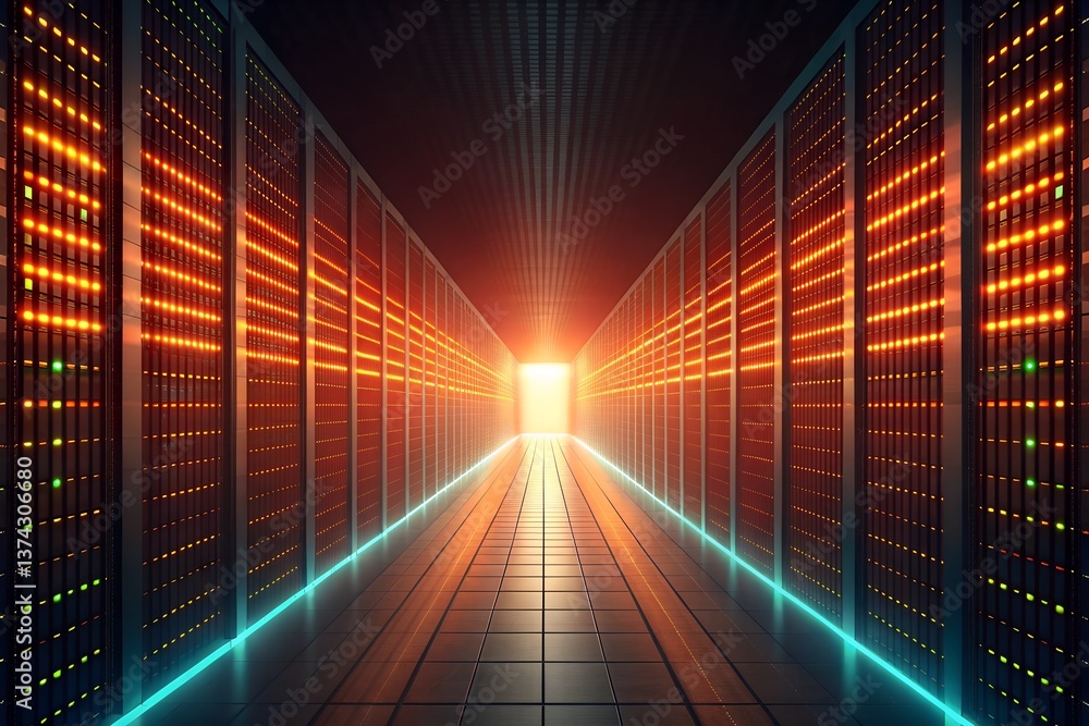 Poster futuristic data stream blocked by virtual barrier futuristic data center with glowing servers and a 