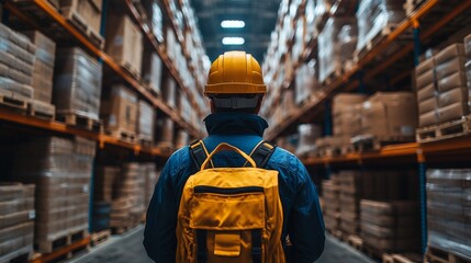 A worker in a yellow hard hat and backpack stands among tall shelves filled with packaged goods, overseeing the inventory in a bustling distribution center during daylight hours.