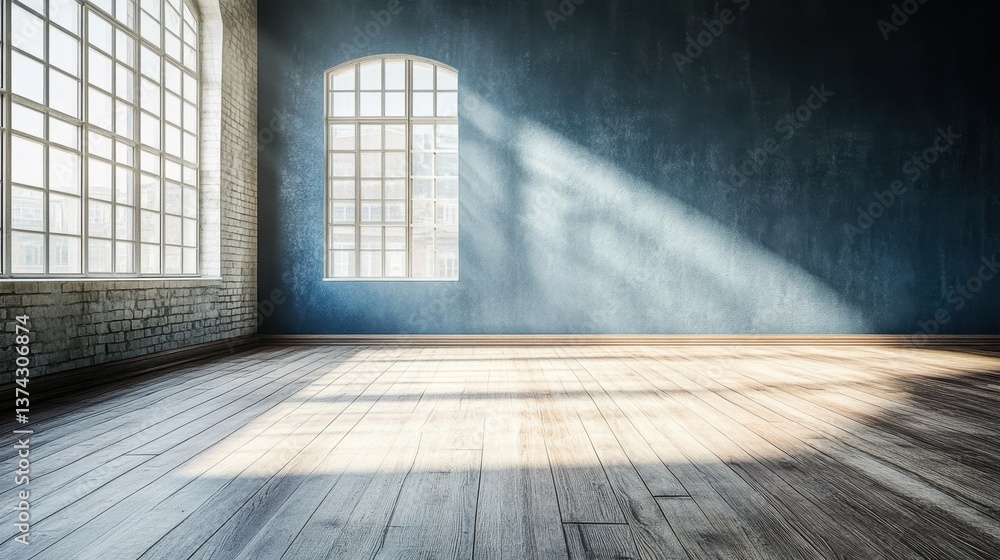 Poster sunlight streaming through arched windows illuminating an empty room with rustic wooden floor and bl