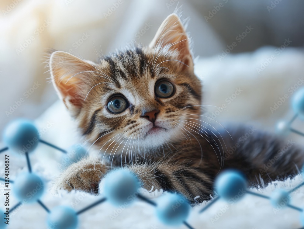 Aufkleber tabby kitten lying on laboratory model of molecular structure with curious gaze on soft fabric surfa
