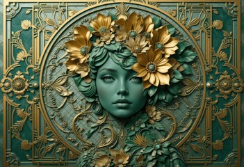  Deco Bloom Princess Face Sculpted from Geometric Flowers in Gold and Emerald, set Against an Ornate Patterned Backdrop and Bold