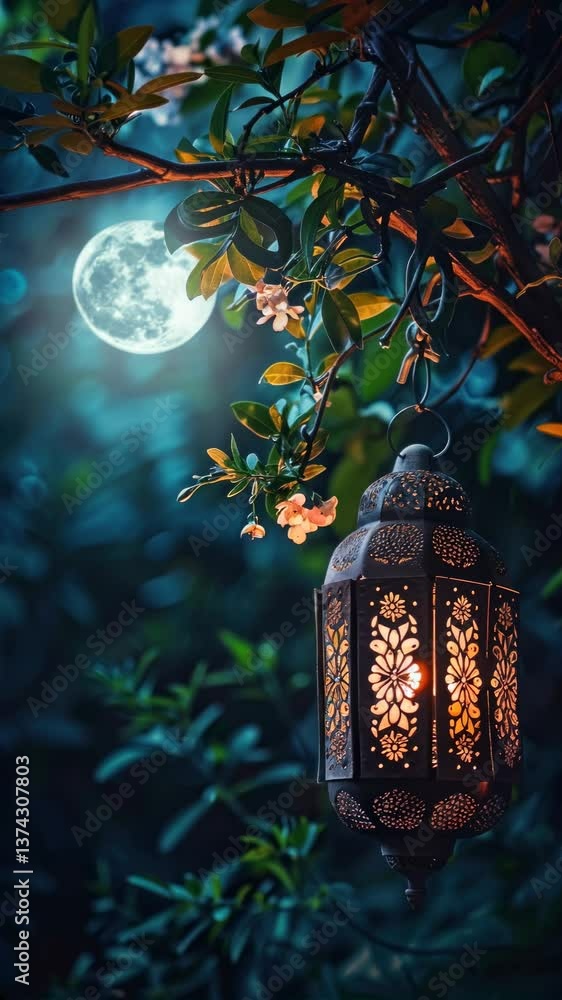 Poster a lantern hangs from a tree branch under a full moon, creating a mystical night scene. shot from a l