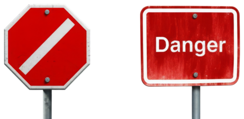 Red warning signs stop and danger, transparent background png