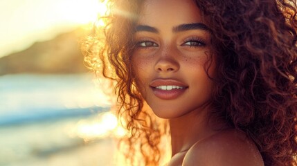 Fototapeta premium Portrait of a brunette woman with curly hair on the beach looking at the camera