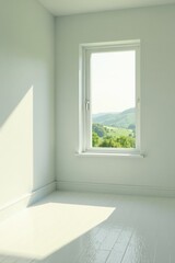 Fototapeta premium Sunlight Illuminates a Room with a Window View of Rolling Hills and Lush Greenery