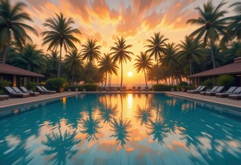  Impressionistic Paradise Sunset Pool mirrors Palms. Warm tones, blurred details, capturing light and shadows in a tropical oasis.