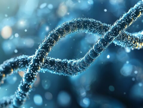 Closeup detailed view of luminous blue dna strand with complex fractal glow structure twisting in digital biotechnology simulation with abstract particle shimmer in stock image format