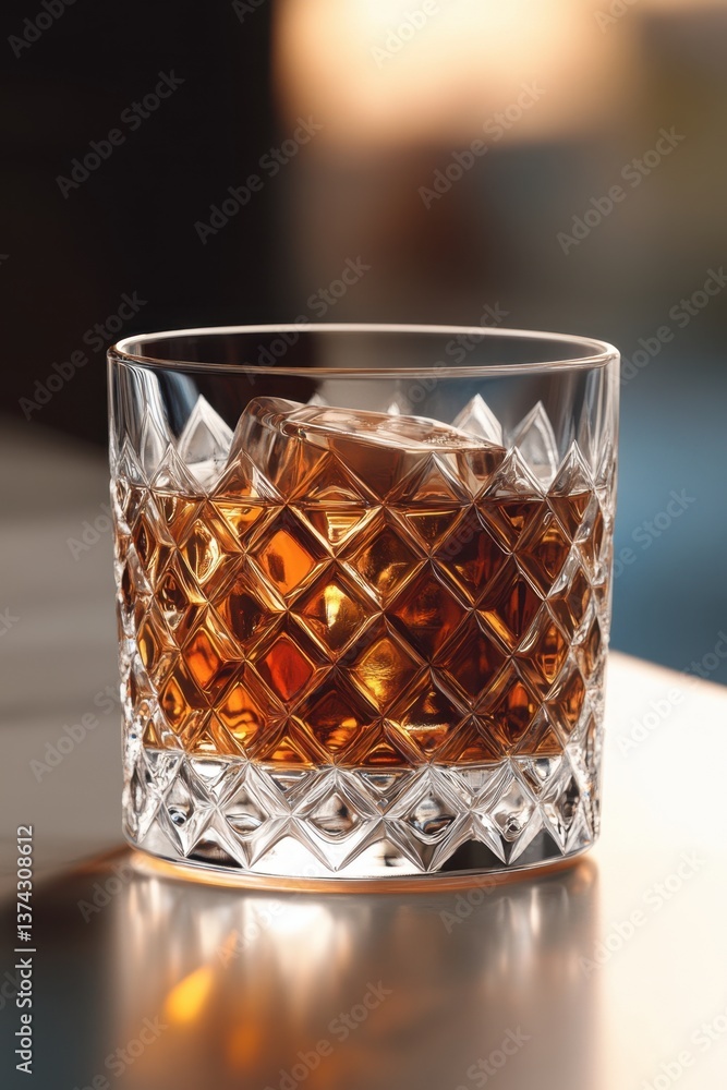 Poster elegant crystal glass filled with amber whiskey and a single ice cube on a reflective surface creati