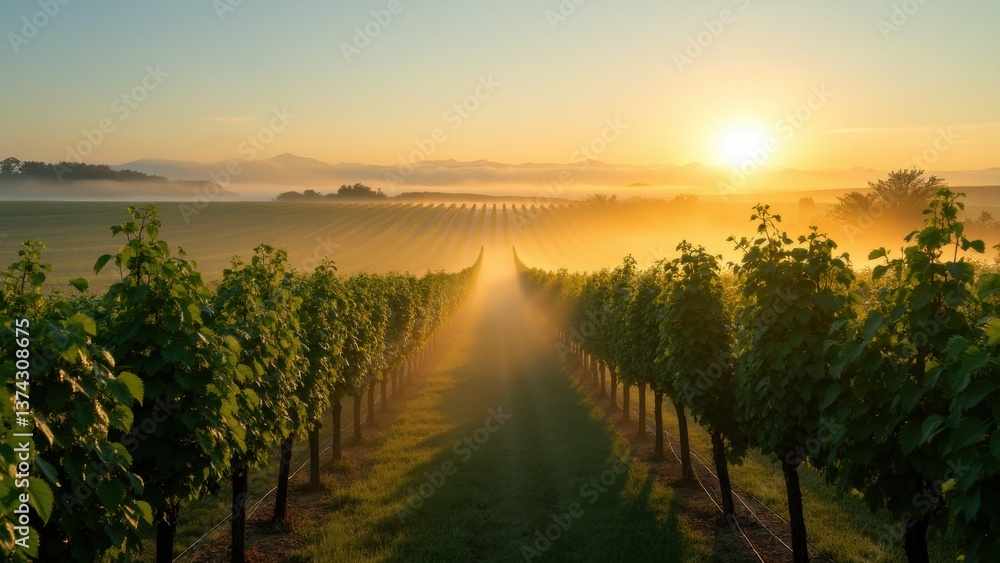 Poster field of grape vines with a sun in the sky. the sun is setting and the sky is hazy