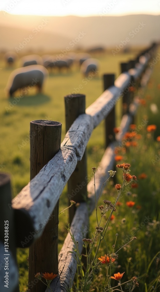 Poster fence with a bunch of flowers on the right side of it. there are a few sheep in the background