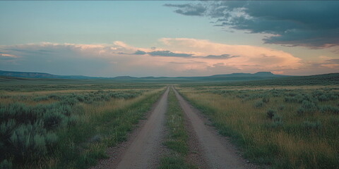 Country road stretching through green farmland under bright sky. Simple composition perfect for concepts of peace, journey, escape, minimalism, and natural rural living.
