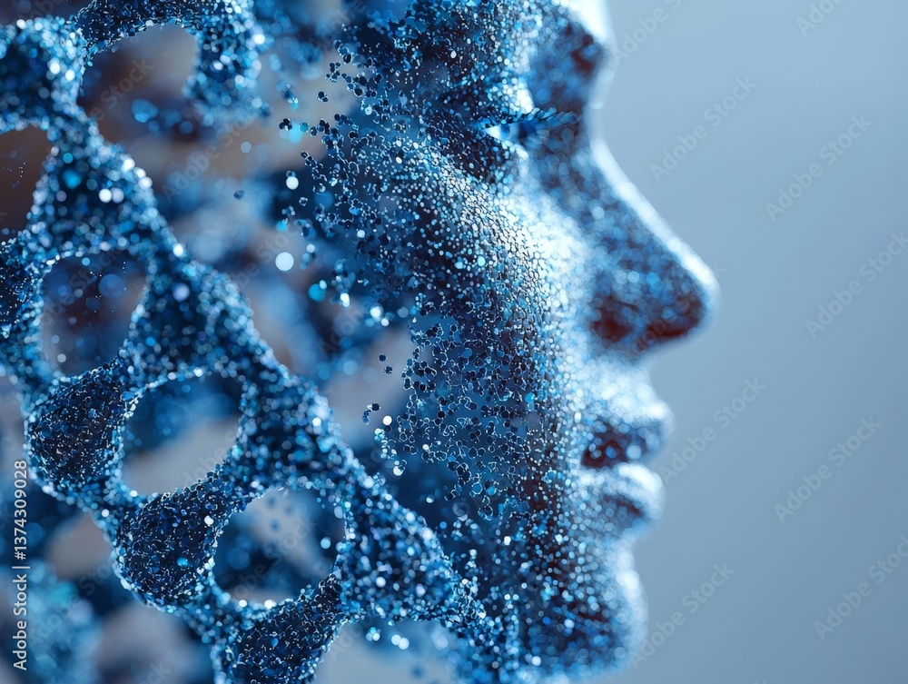 Poster digital human face made of dna strands and particles in luminous blue futuristic style representing 