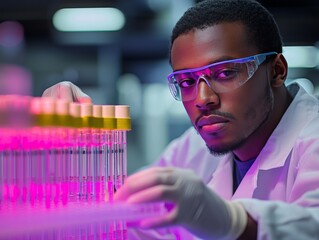 Male scientist working in neon biotech lab with glowing pink and purple test samples conducting futuristic scientific research wearing protective goggles in high tech laboratory setting