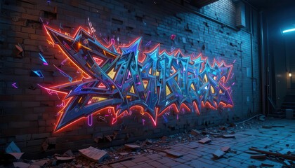  Floating Holographic Graffiti Art on a Crumbling Brick Wall, Vibrant Colors, Street Art Style, Dynamic and Energetic © Sanook