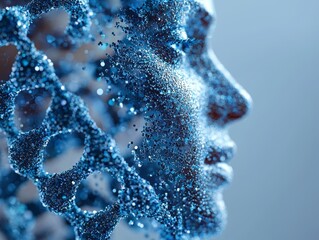 Digital human face made of dna strands and particles in luminous blue futuristic style representing biotech artificial intelligence identity and genomic fusion in symbolic conceptual art image