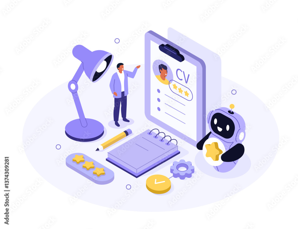 Poster hiring and human recourses concept. character use artificial intelligence technology to build resume