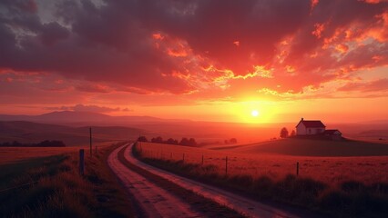 Sunset over a rural landscape with a house in the distance. The sky is filled with clouds and the sun is setting, creating a warm and peaceful atmosphere