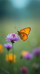 Naklejka premium Butterfly is sitting on a purple flower. The flower is surrounded by other flowers of different colors. The scene is peaceful and serene