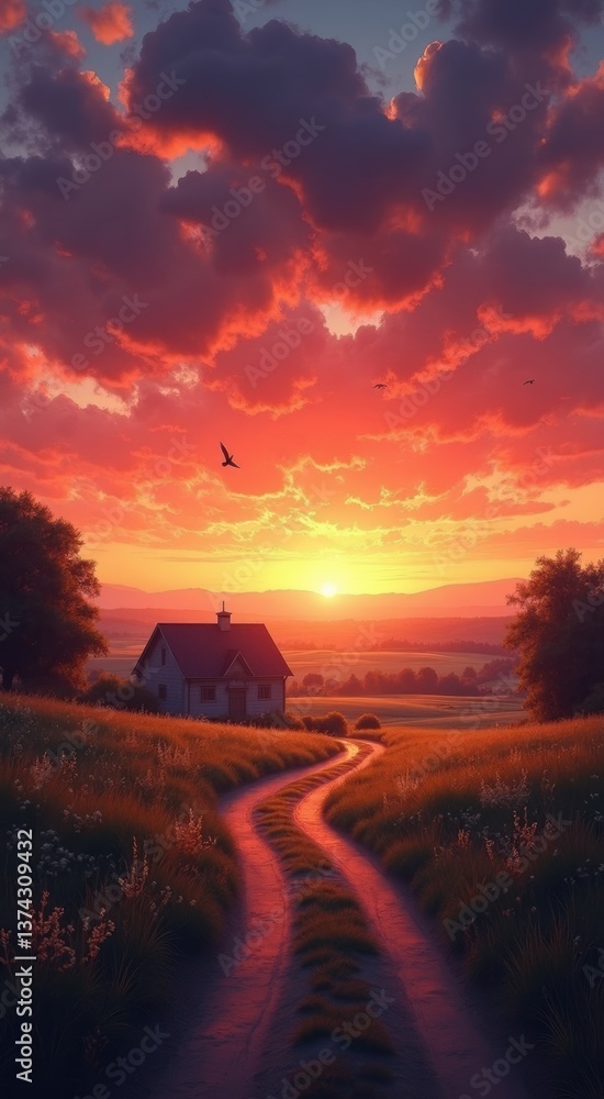 Poster sunset over a field with a house in the distance. the sky is filled with clouds and the sun is setti