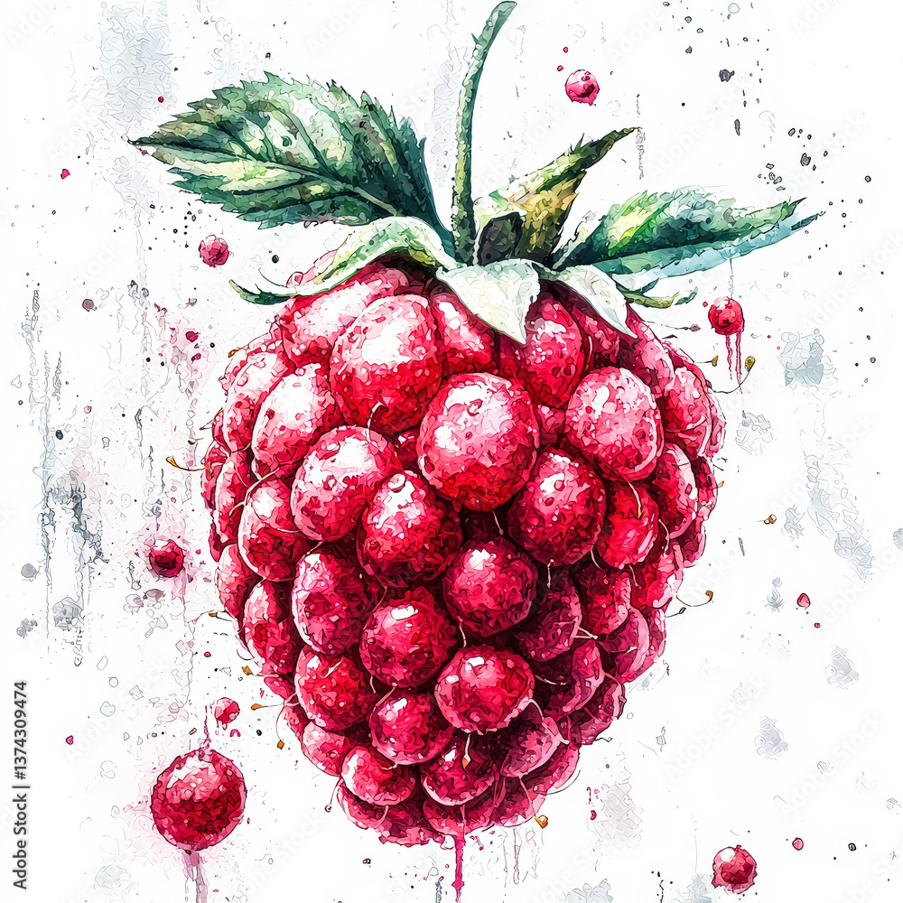 Poster close up of a red raspberry with a green leaf