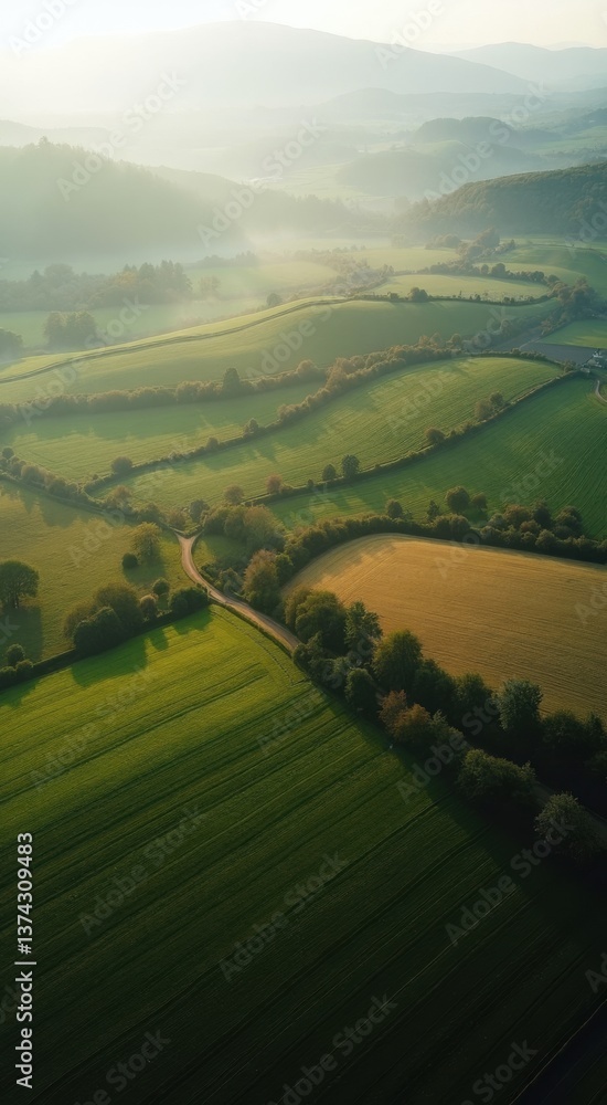 Poster field of green grass with a road running through it. the sky is overcast and the sun is barely visib