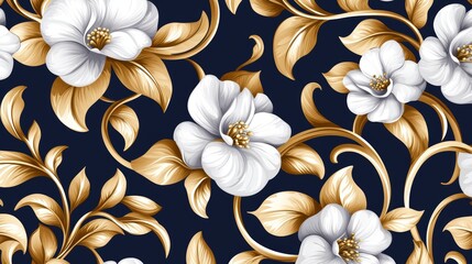 Regal floral pattern featuring intricate swirling golden vines, soft lilac blossoms, and deep ivy-green leaves on a moody navy blue background.
