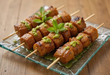  Modern Kebab Design Lula Kebab Displayed on a Glass Plate with Vibrant Mint Chutney and Precise Placement