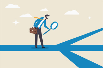 Finding career path or success route, analyze to make decision choices, discover opportunity way, directions or pathway to success concept, businessman analyze career path with magnifying glass.
