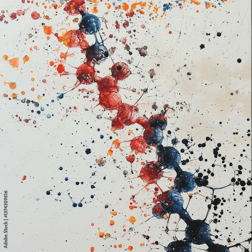 Poster fragmented dna molecule in splattered ink style on white background symbolizing genetic deconstructi