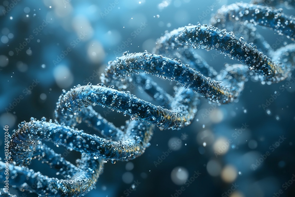 Poster scientific visualization of detailed dna strand with glowing fractal structure and digital particle 
