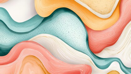 Obraz premium A dreamy watercolor abstract composition with flowing organic shapes, intricate line details, and a harmonious palette of coral, teal, and golden yellow.