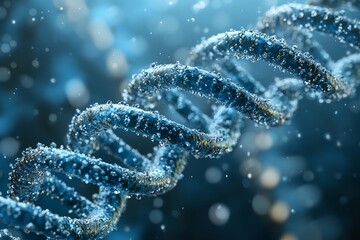 Scientific visualization of detailed dna strand with glowing fractal structure and digital particle depth field in blue hues representing futuristic biotech concept and genetic data stream