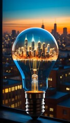 A bright electric lightbulb, a glowing glass idea in the city's illuminated night
