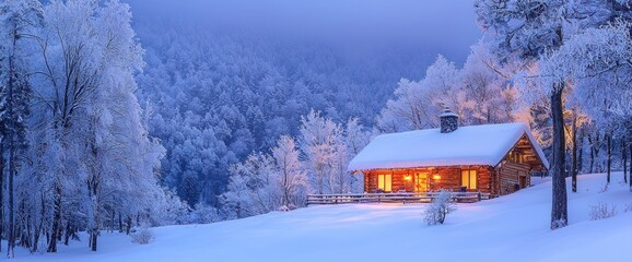 Cozy cabin in snowy forest at twilight