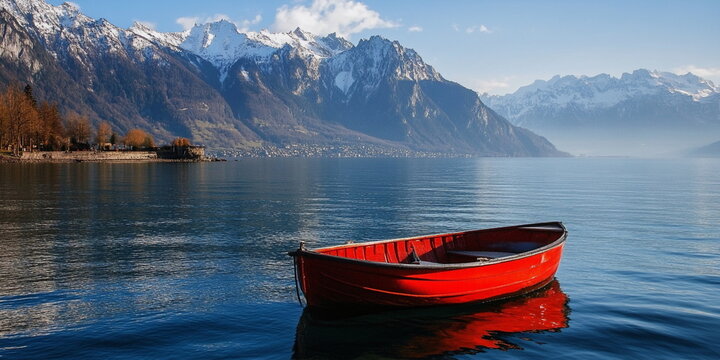 Mountain lake with crystal waters, red rowboat and elegant swans under a sunny sky. Ideal for themes of purity, nature escape, and scenic tranquility.
