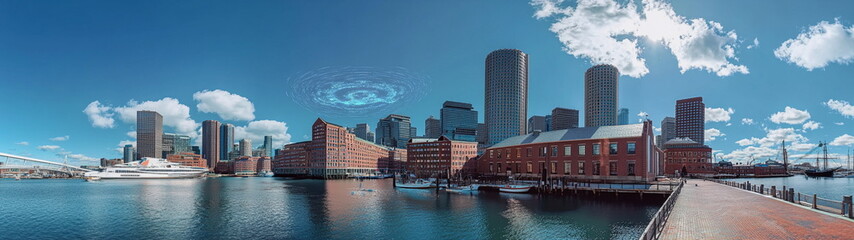 Fototapeta premium Skyscrapers dominate the horizon in a clean urban skyline with crisp blue skies. A futuristic look at modern architecture and the vertical rise of city life. 