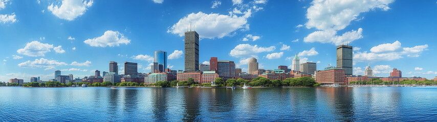 Obraz premium Skyscrapers dominate the horizon in a clean urban skyline with crisp blue skies. A futuristic look at modern architecture and the vertical rise of city life. 
