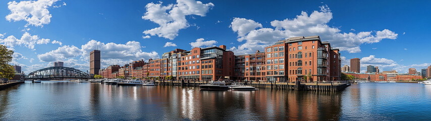 Traditional city buildings with red brick facades reflecting in the river water under a sunny blue sky. A warm and welcoming urban setting for stock and editorial use.
