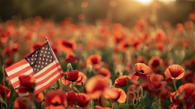 A small American flag stands proudly among blooming red poppies during the golden hour, symbolizing honor and memory