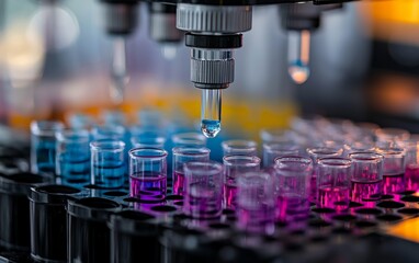 Robotic system automatically distributing colorful test liquids into tubes with precision in high tech scientific laboratory demonstrating automated biotechnology process visualization
