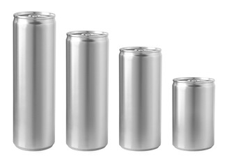 Four blank aluminum cans standing in increasing size order on white background