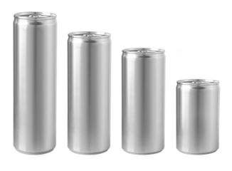 Four blank aluminum cans standing in increasing size order on white background