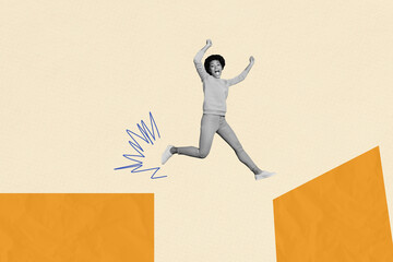 Contemporary art collage of excited american girl jump obstacle cartoon development career...