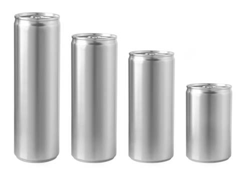 Four blank aluminum cans standing in increasing size order on white background